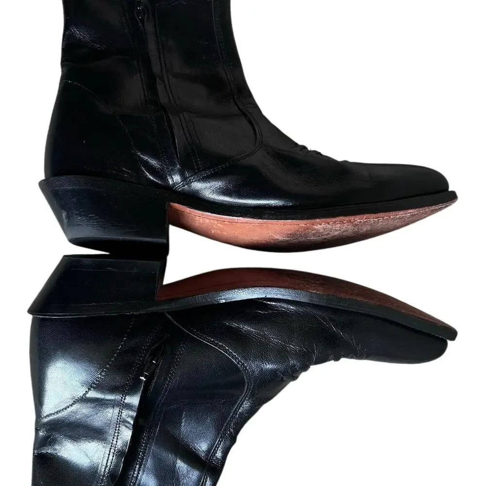 Vintage Tramp Line Black Leather Cowboy Boots Men's 8.5 EE Wide